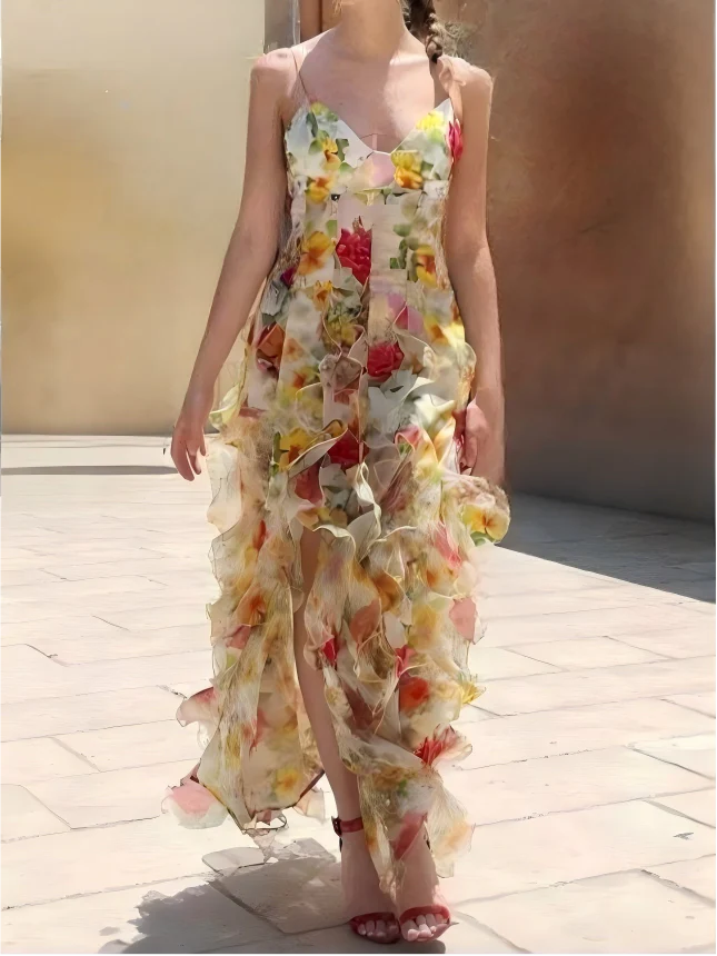 Floral Print Halter Dress With Ruffled Trim - Image 5