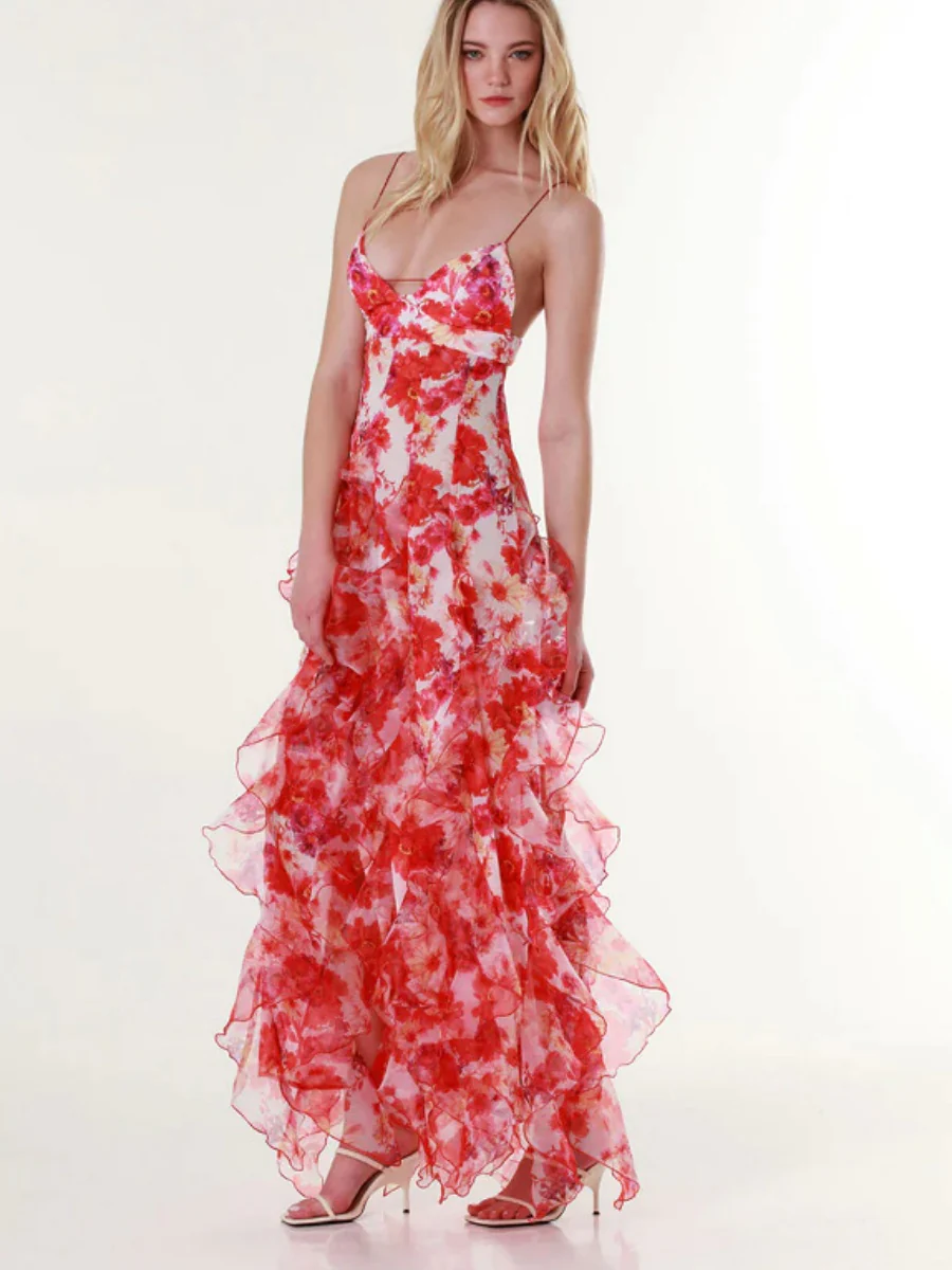 Floral Print Halter Dress With Ruffled Trim - Image 7