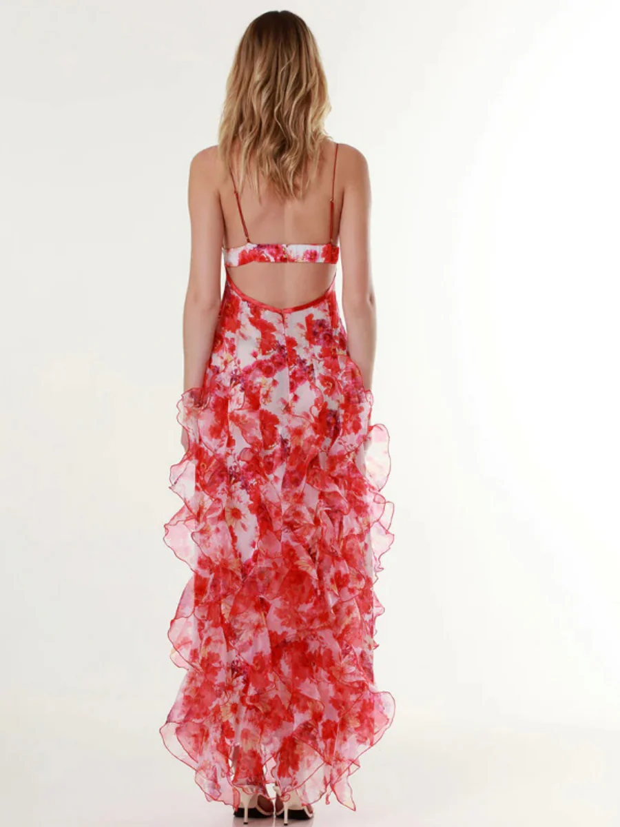 Floral Print Halter Dress With Ruffled Trim - Image 8
