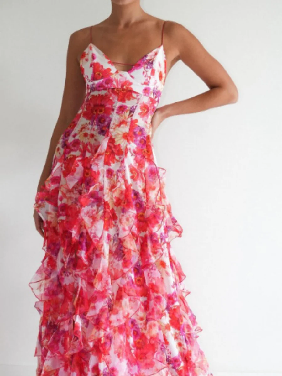 Floral Print Halter Dress With Ruffled Trim - Image 9