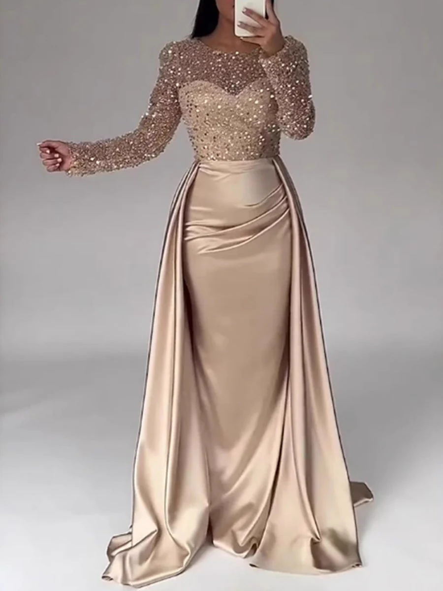 Sequined Satin Patchwork Maxi Dresses