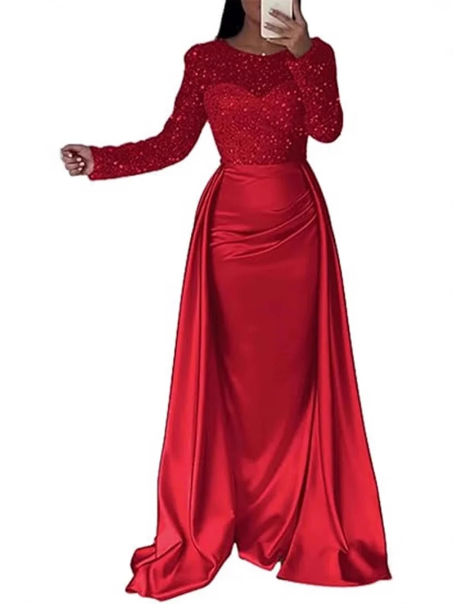 Sequined Satin Patchwork Maxi Dresses - Image 3