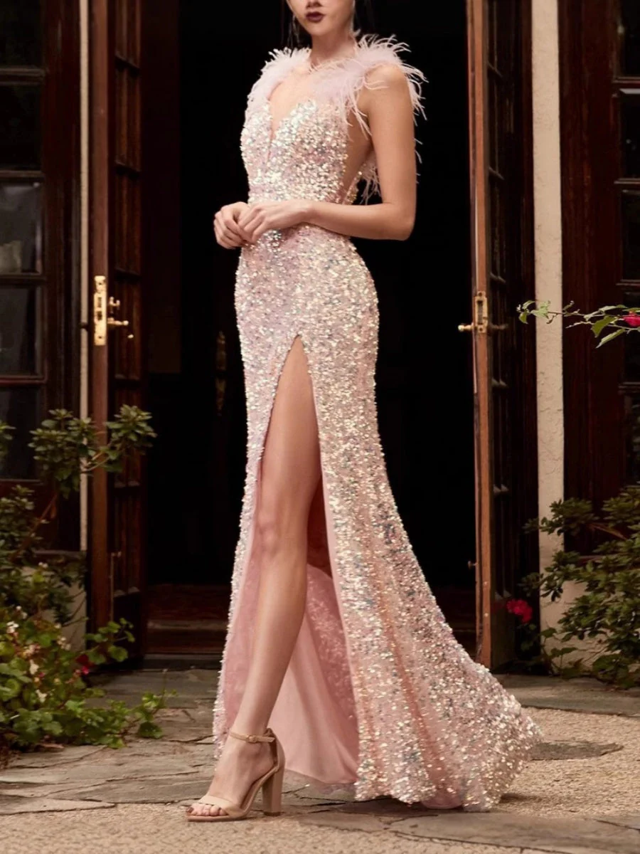Pink Feather Sequins Maxi Dresses - Image 4