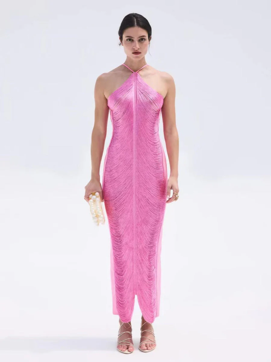 Tassel Back Slit Halter Neck Parties Maxi Dresses - Image 6