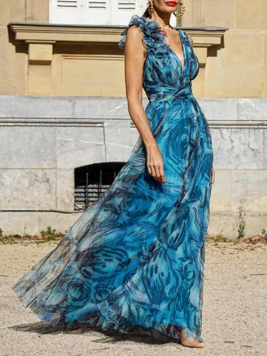 Bohemian Resort Style Floral Print V-neck Long Dress