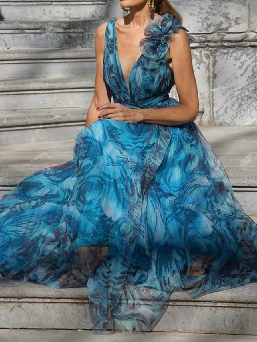 Bohemian Resort Style Floral Print V-neck Long Dress - Image 2
