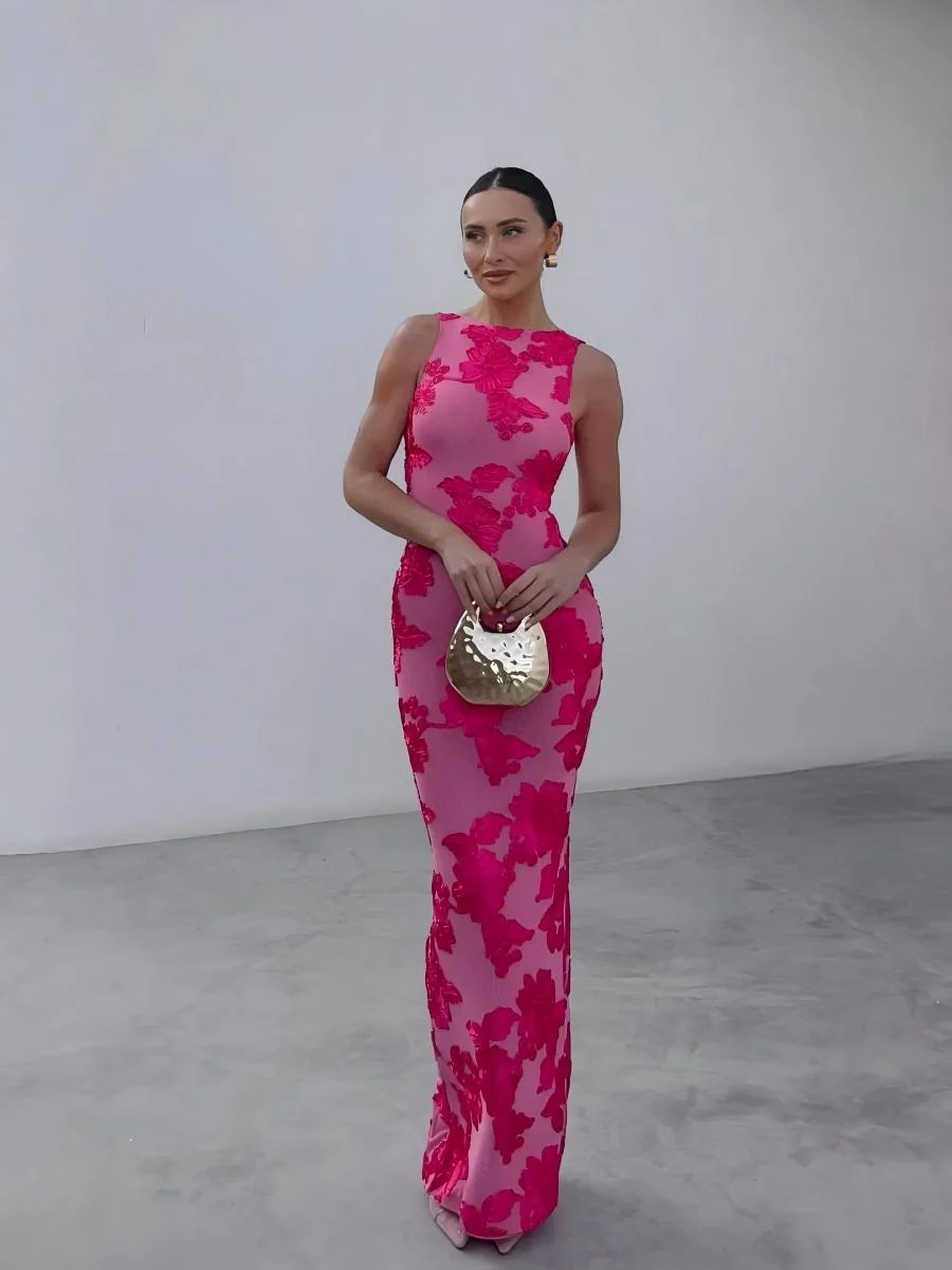 Sexy Bodycon Maxi Dress With 3D Flocked Floral Pattern
