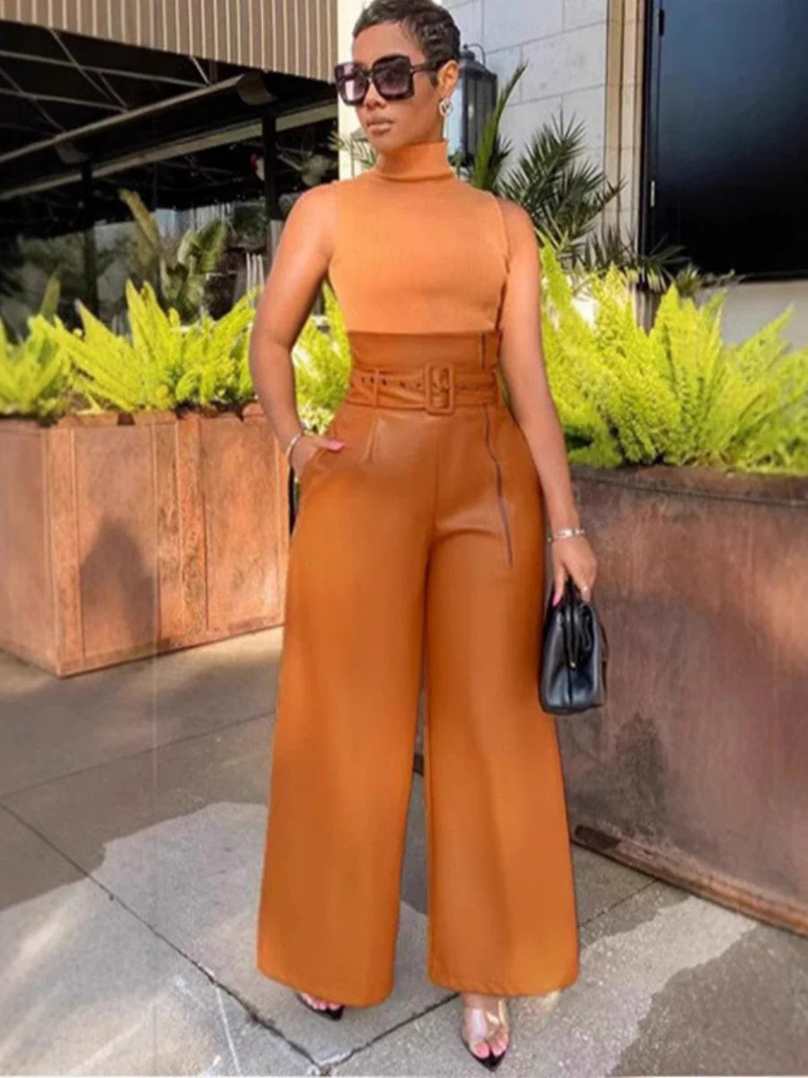High Waist PU Leather Metal Belt Wide-leg Trousers - Image 3