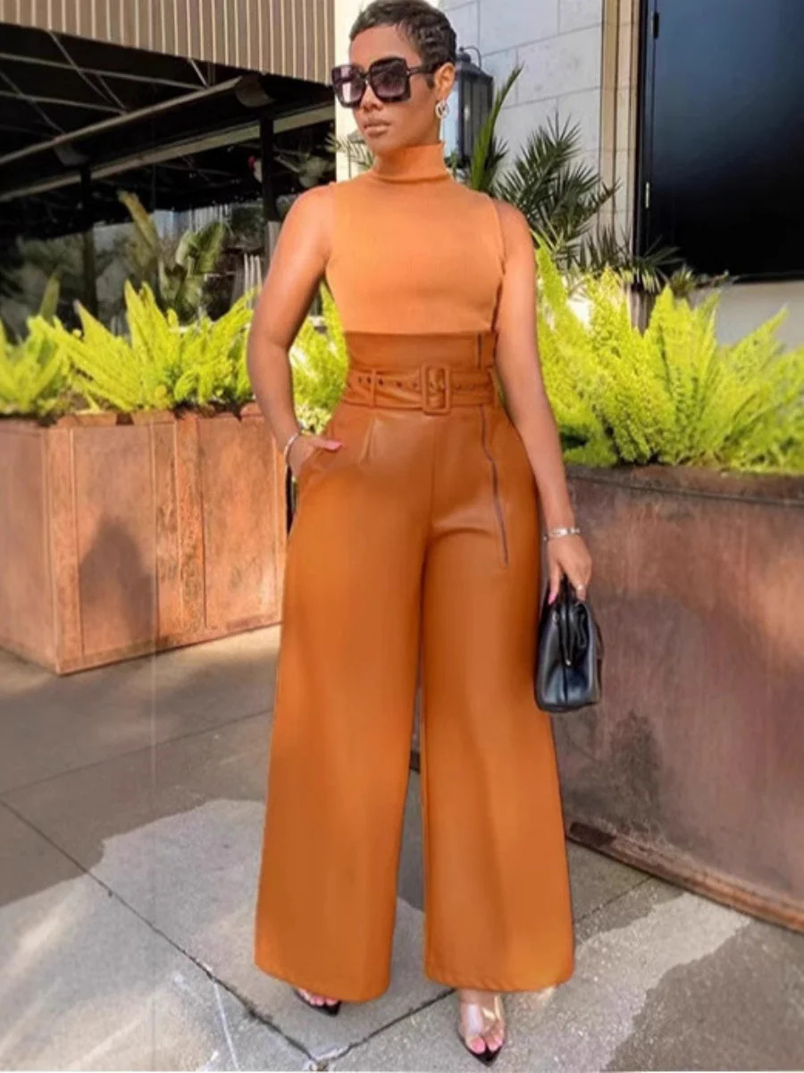 High Waist PU Leather Metal Belt Wide-leg Trousers - Image 4