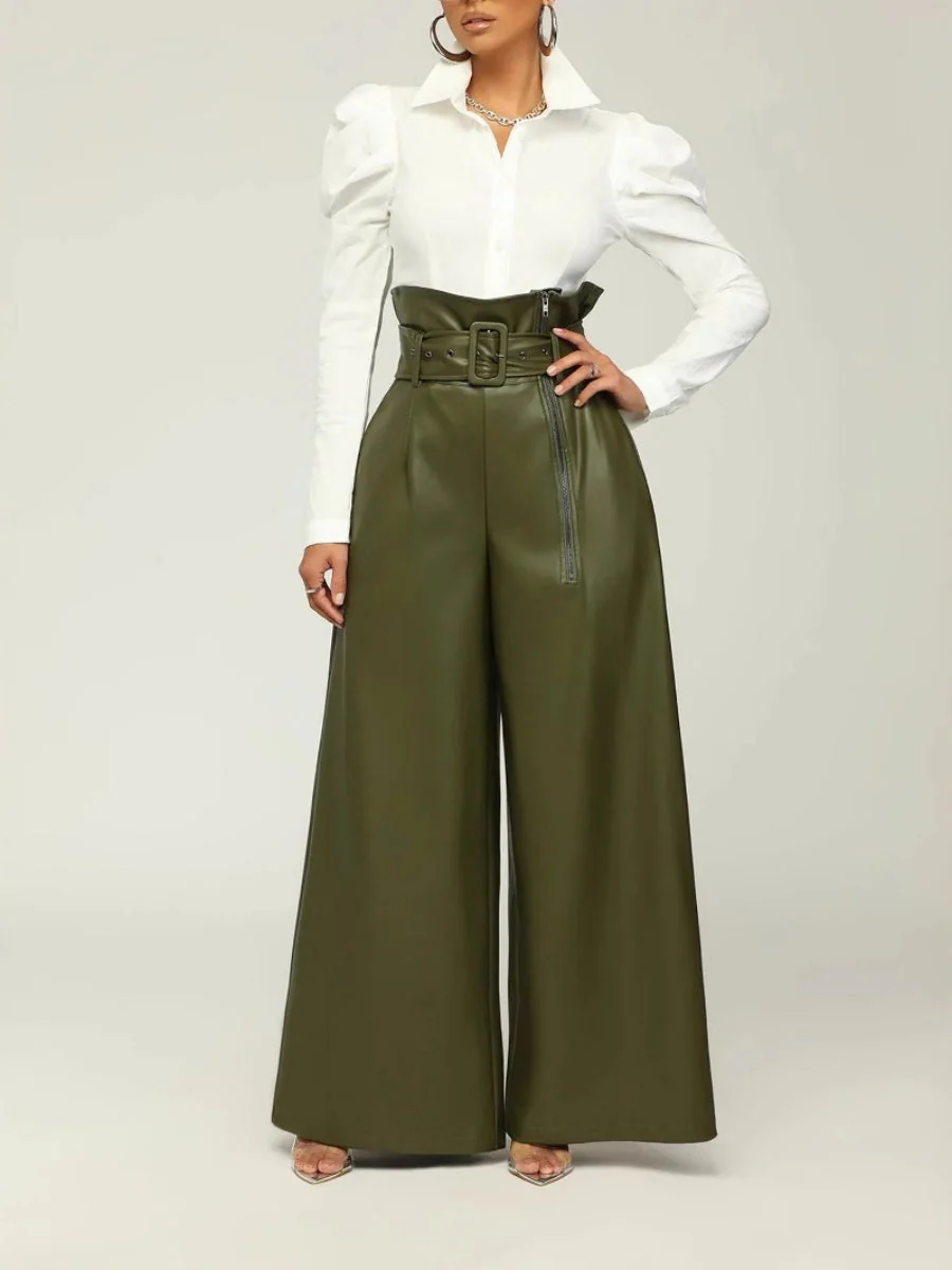 High Waist PU Leather Metal Belt Wide-leg Trousers - Image 5