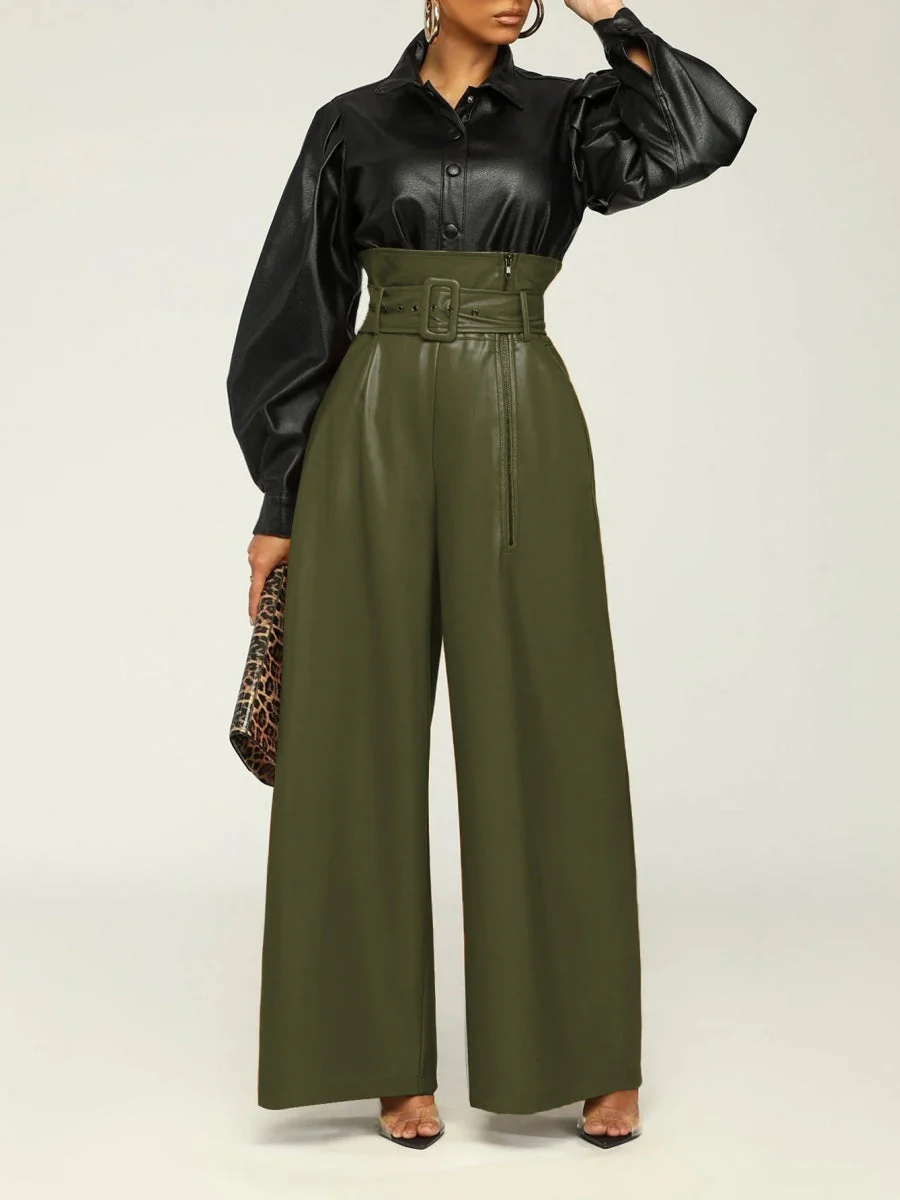 High Waist PU Leather Metal Belt Wide-leg Trousers - Image 6