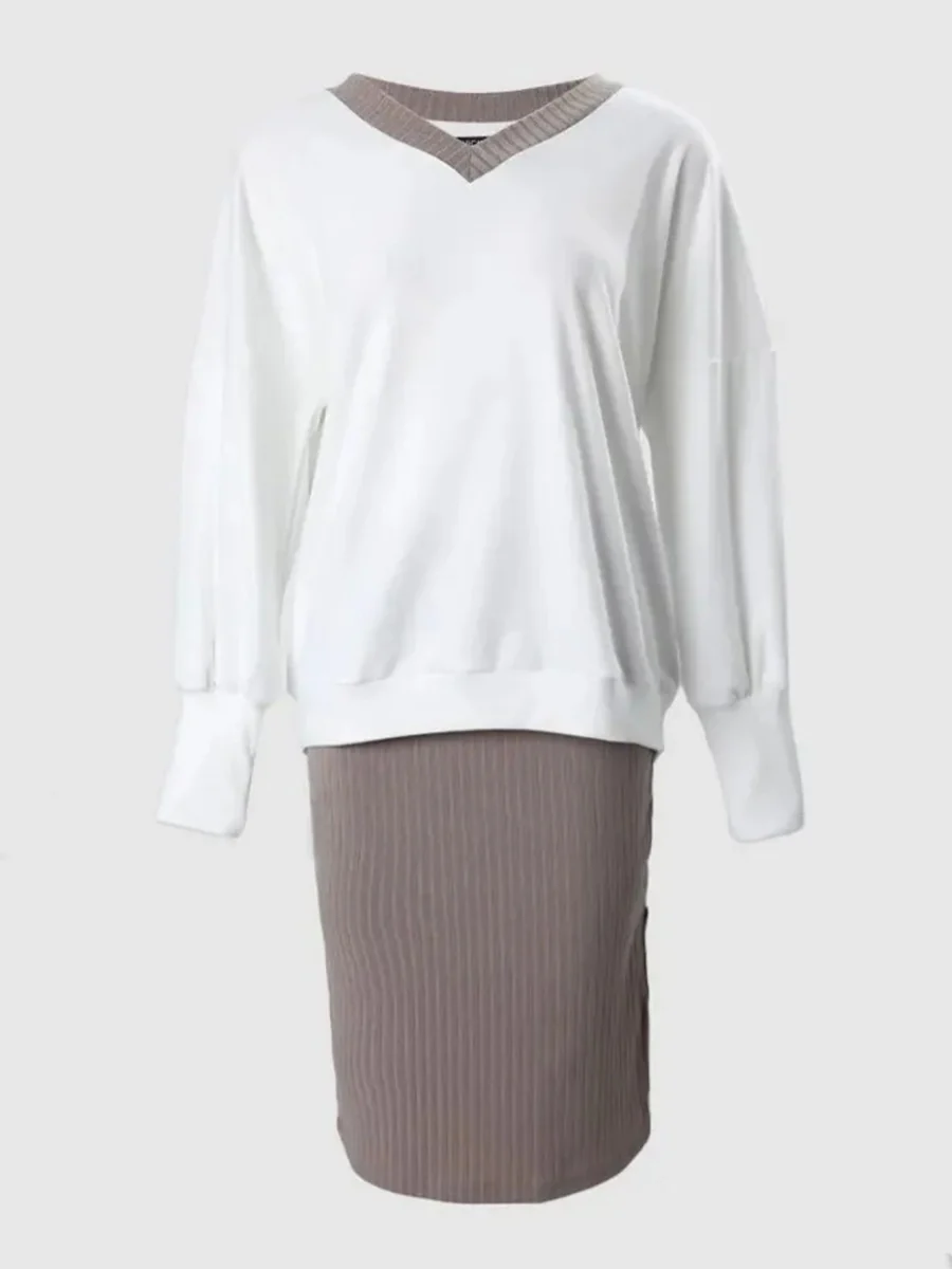 Loose-fit V-neck Sweatshirts&Hoodies Hip-hugging Slit Skirt Set 2-piece Sets - Image 11