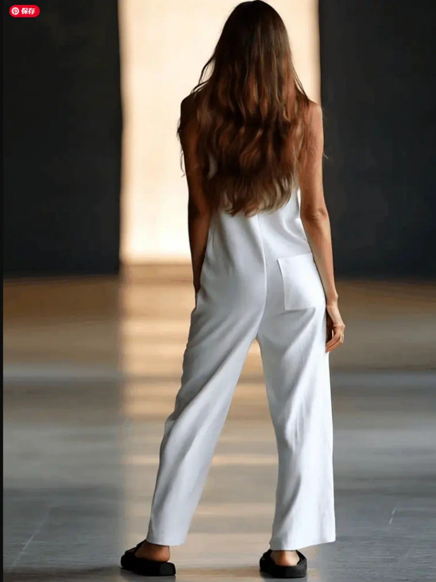 Sleeveless Single-breasted Wide Leg Work Clothes Jumpsuits - Image 3