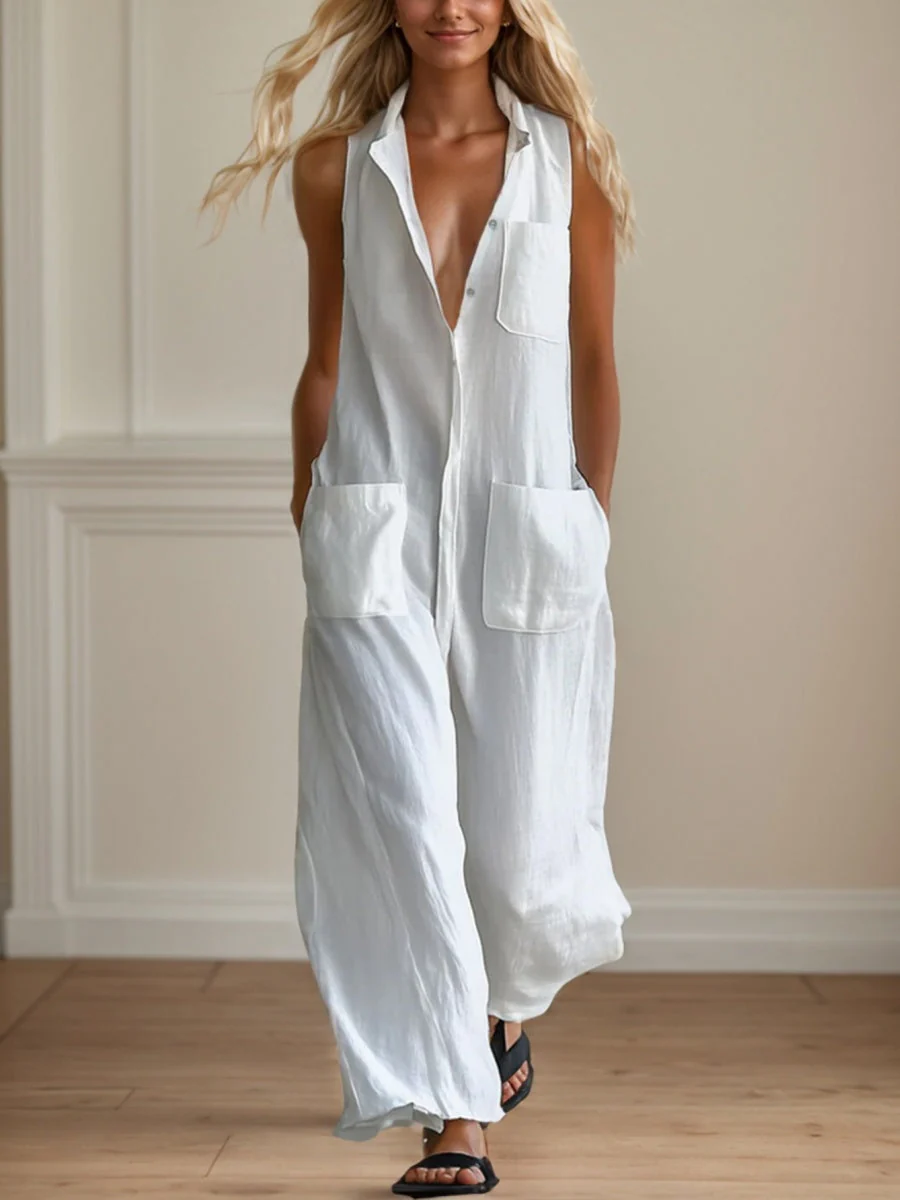 Sleeveless Single-breasted Wide Leg Work Clothes Jumpsuits - Image 6