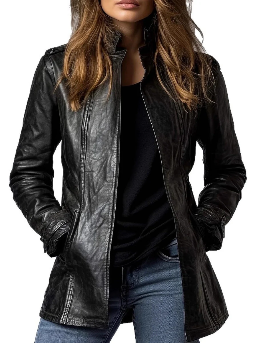 Leather Jacket Stand Collar Long Sleeve Gothic Jackets - Image 3