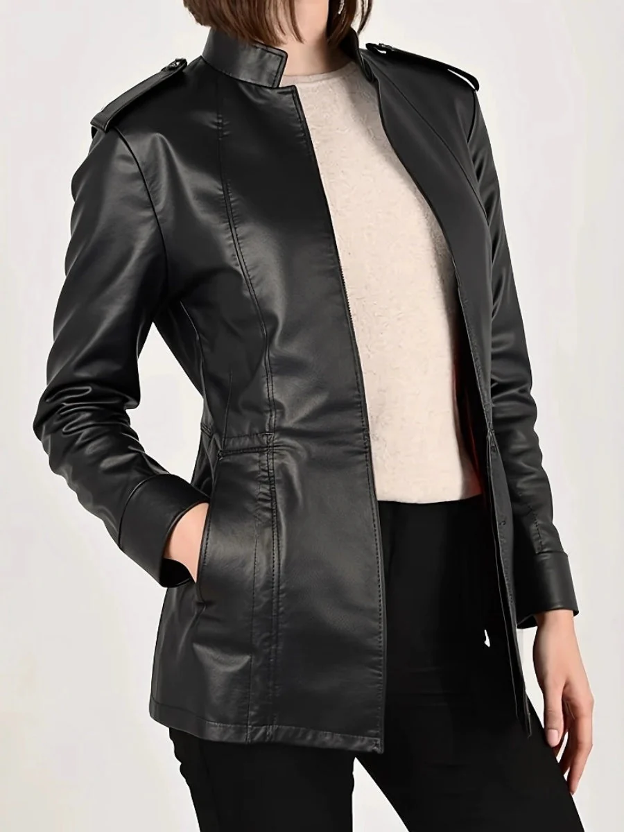 Leather Jacket Stand Collar Long Sleeve Gothic Jackets - Image 4
