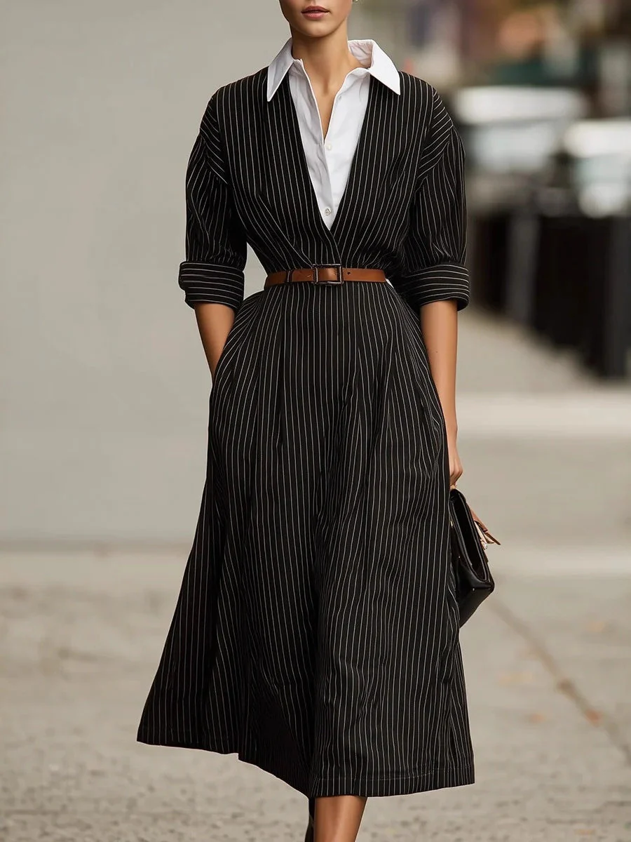 Stripes Shirt Dress Blended Maxi Dresses