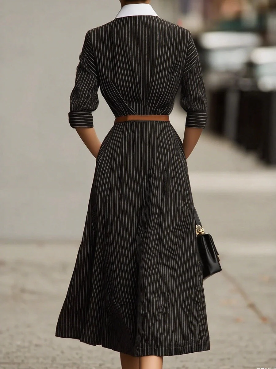 Stripes Shirt Dress Blended Maxi Dresses - Image 2