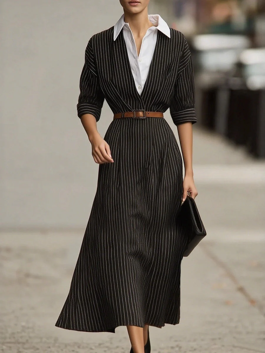 Stripes Shirt Dress Blended Maxi Dresses - Image 3