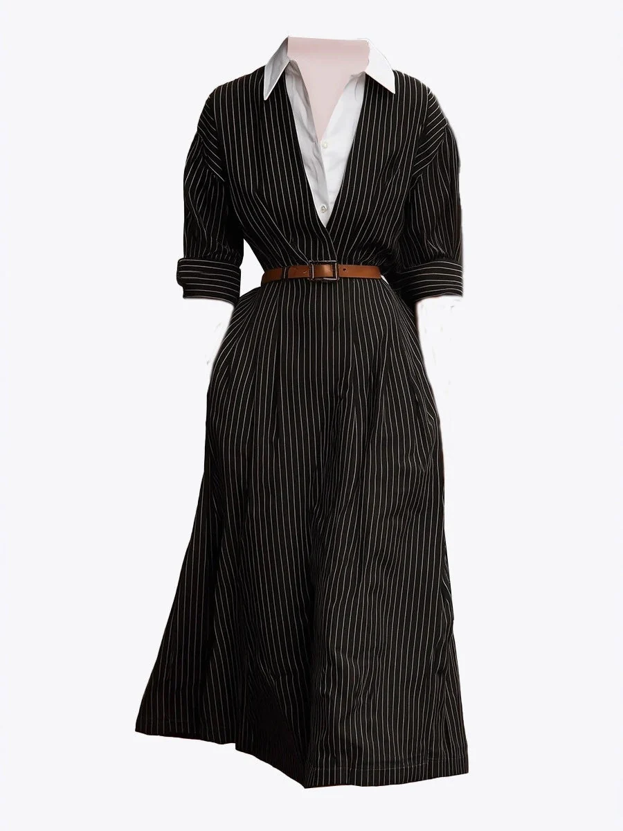 Stripes Shirt Dress Blended Maxi Dresses - Image 4
