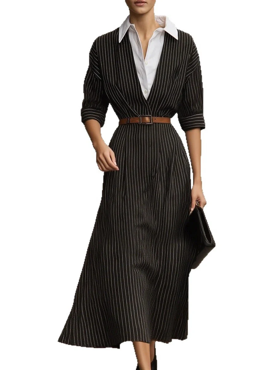 Stripes Shirt Dress Blended Maxi Dresses - Image 5