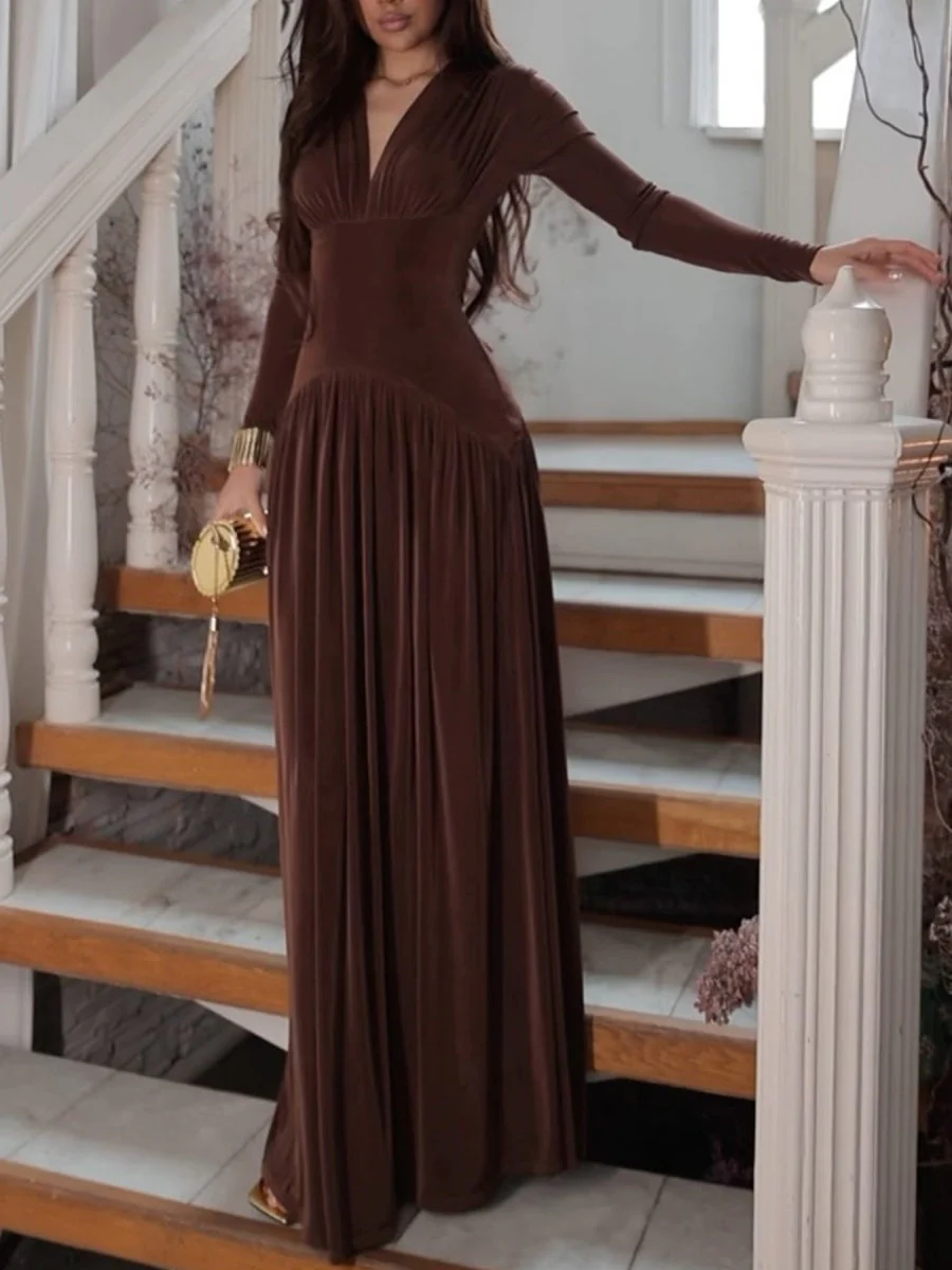 Velvet Slim Fit Solid Color Elegant Long Dress - Image 3