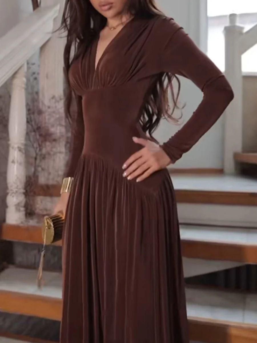 Velvet Slim Fit Solid Color Elegant Long Dress - Image 4