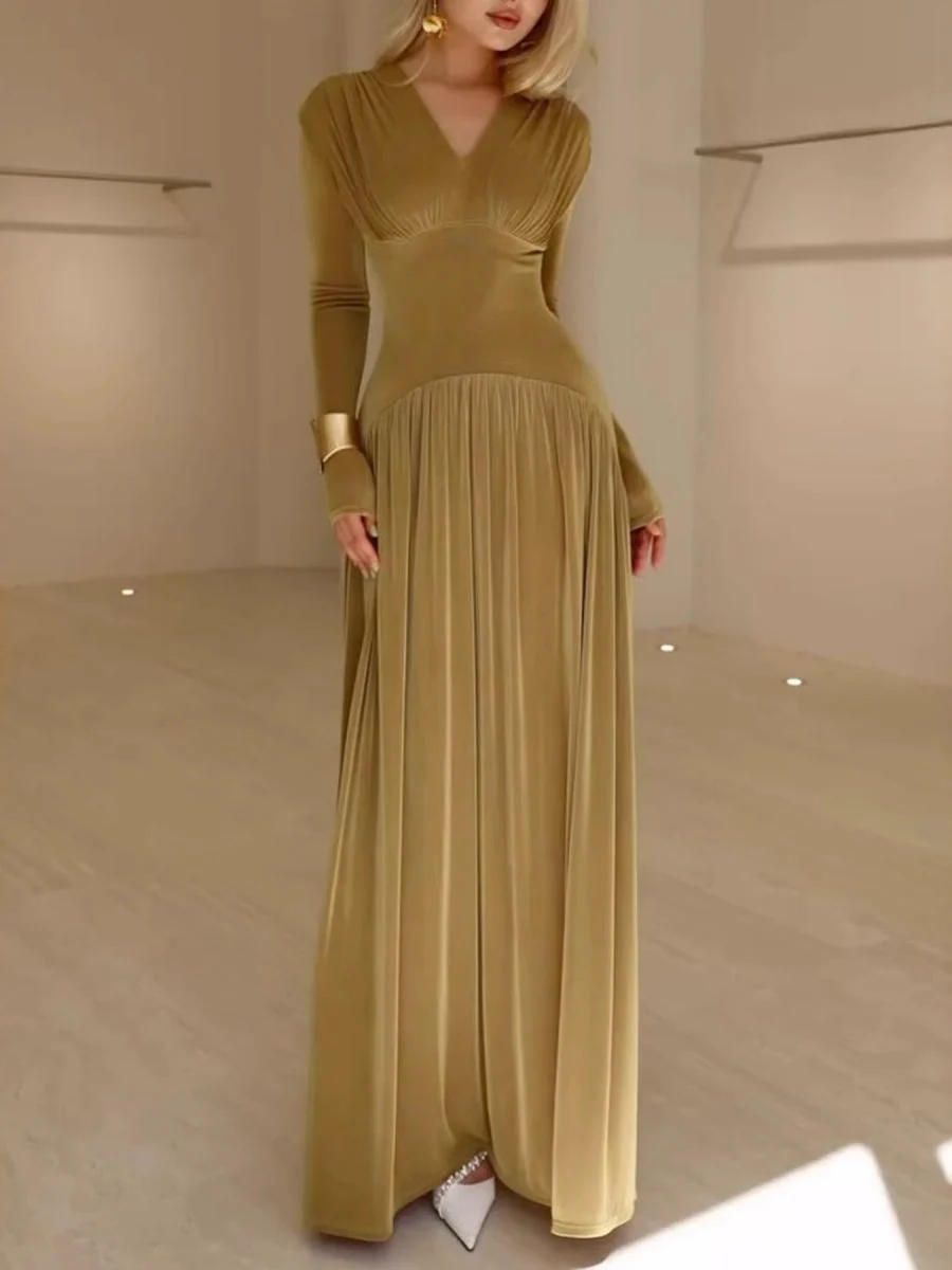 Velvet Slim Fit Solid Color Elegant Long Dress - Image 5