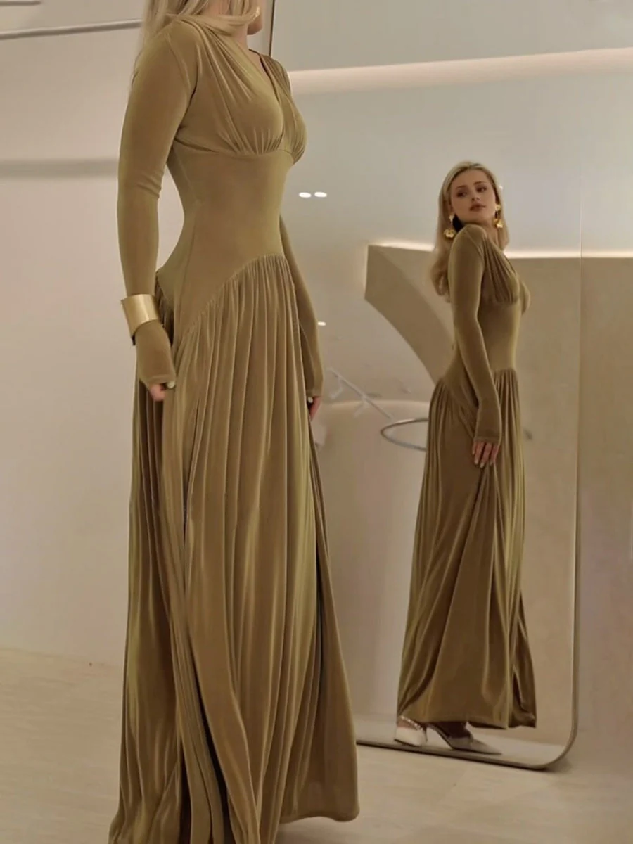 Velvet Slim Fit Solid Color Elegant Long Dress - Image 6