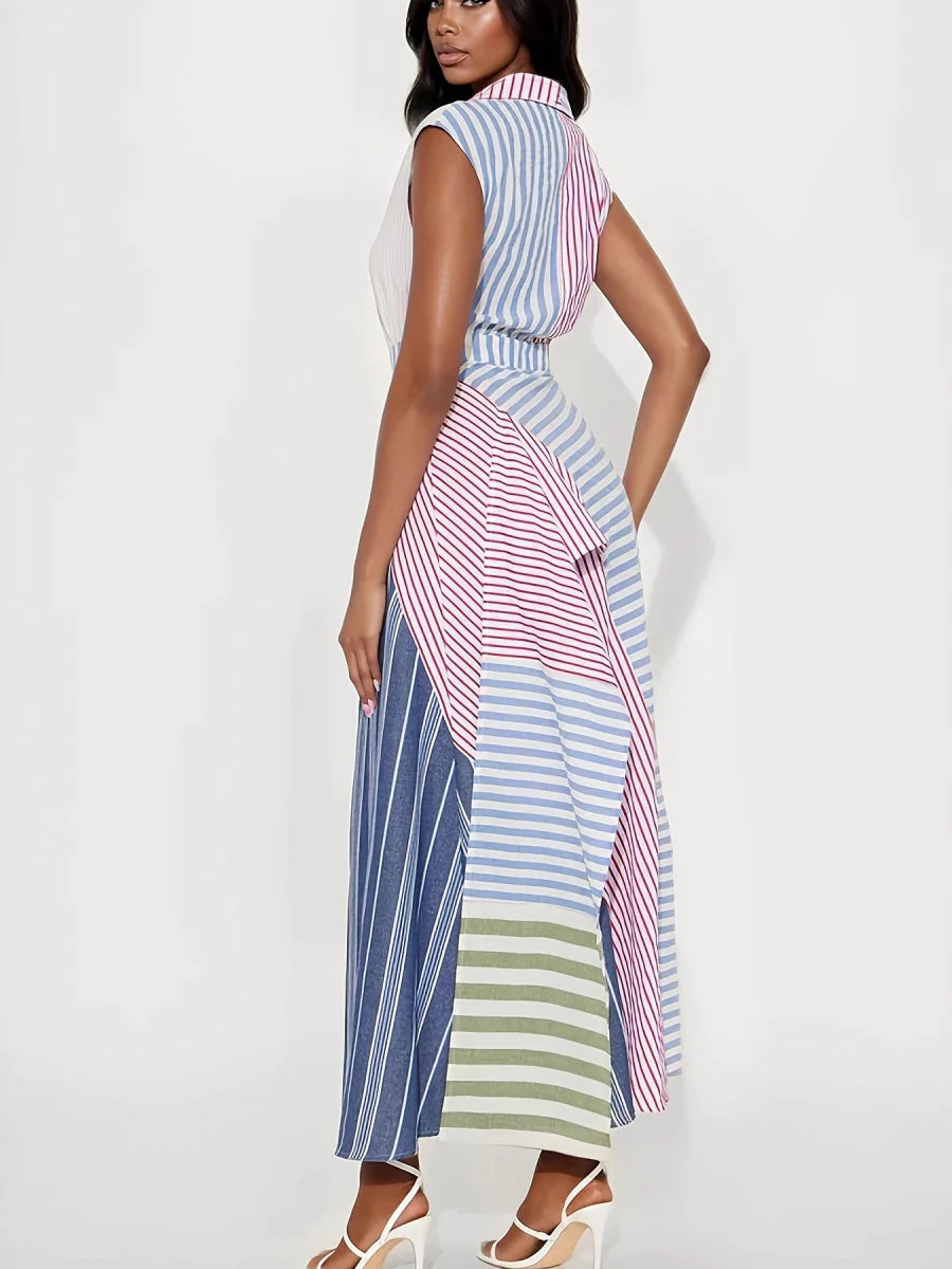 Color-blocked Splicing Stripes Irregular Blended Maxi Dresses - Image 2