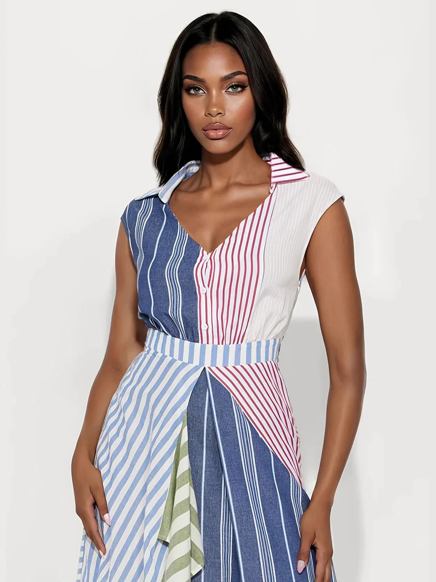 Color-blocked Splicing Stripes Irregular Blended Maxi Dresses - Image 3