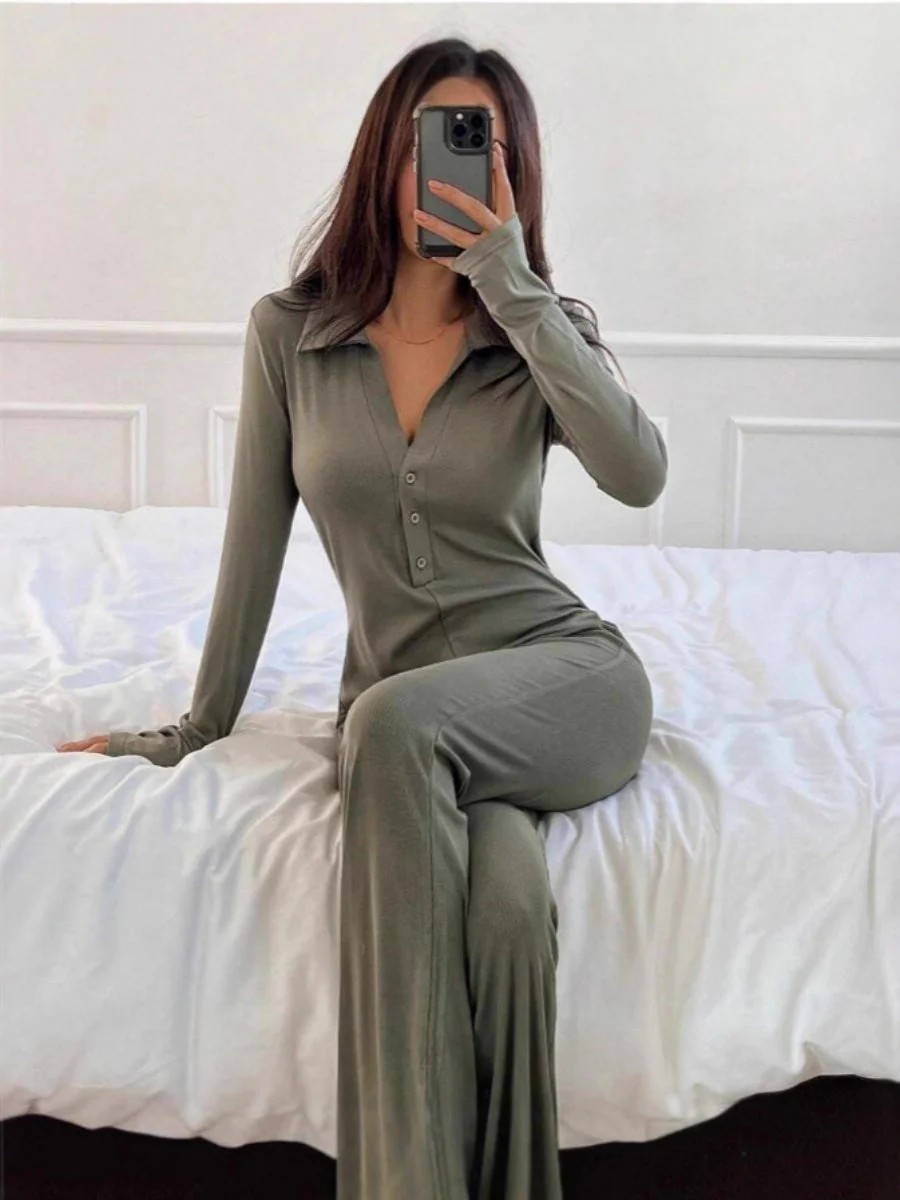 Polo Collar Knitting Long Sleeve Buttock Lift Jumpsuits - Image 3