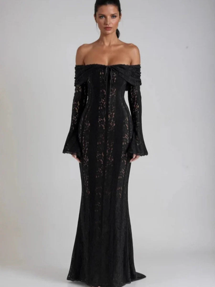 Lace Hollow Off Shoulder Flared Sleeves Hip-hugging Maxi Dresses
