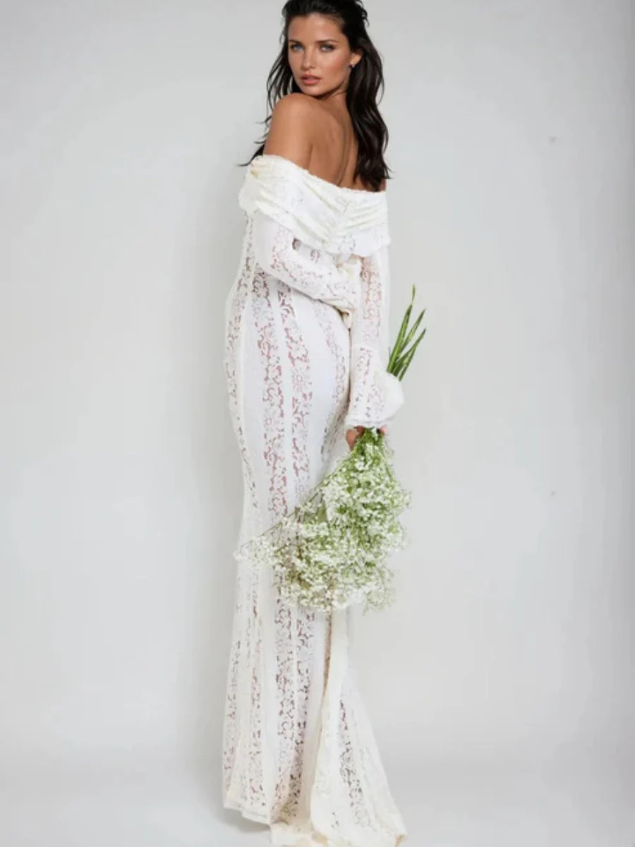 Lace Hollow Off Shoulder Flared Sleeves Hip-hugging Maxi Dresses - Image 10