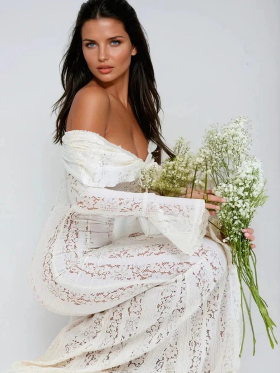 Lace Hollow Off Shoulder Flared Sleeves Hip-hugging Maxi Dresses - Image 11