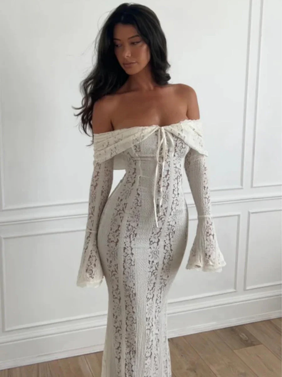 Lace Hollow Off Shoulder Flared Sleeves Hip-hugging Maxi Dresses - Image 12