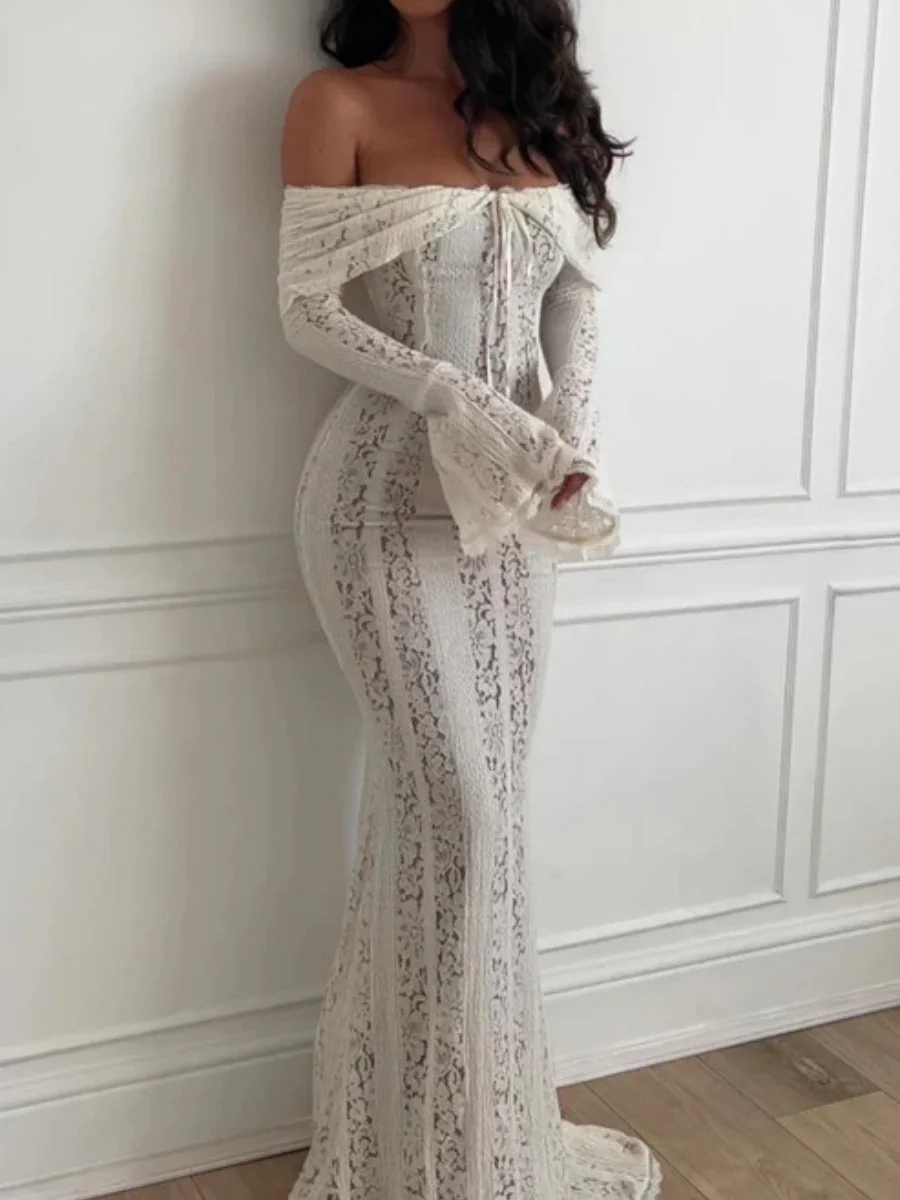 Lace Hollow Off Shoulder Flared Sleeves Hip-hugging Maxi Dresses - Image 14