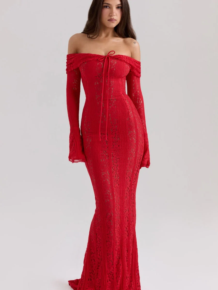 Lace Hollow Off Shoulder Flared Sleeves Hip-hugging Maxi Dresses - Image 15