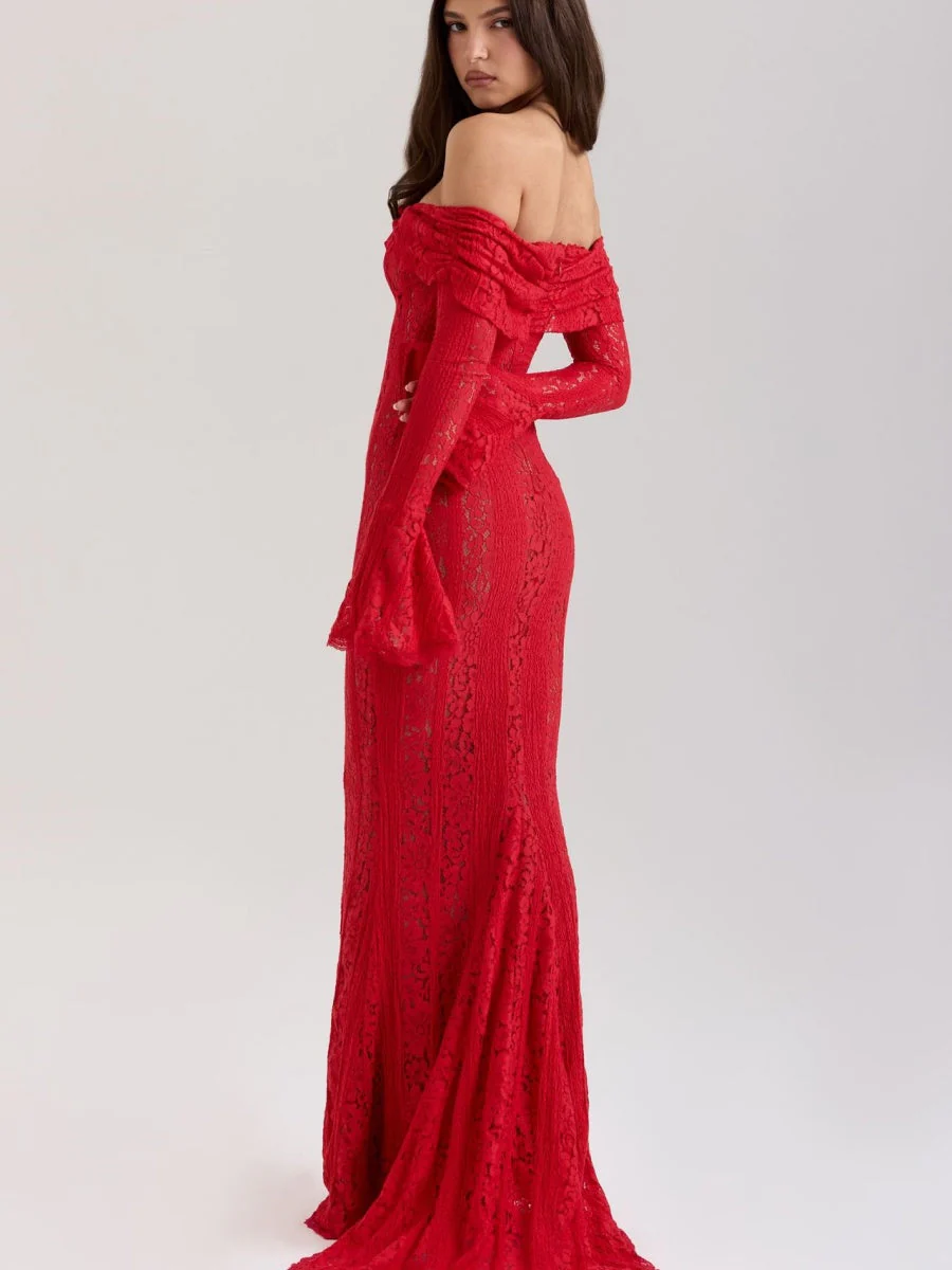 Lace Hollow Off Shoulder Flared Sleeves Hip-hugging Maxi Dresses - Image 16