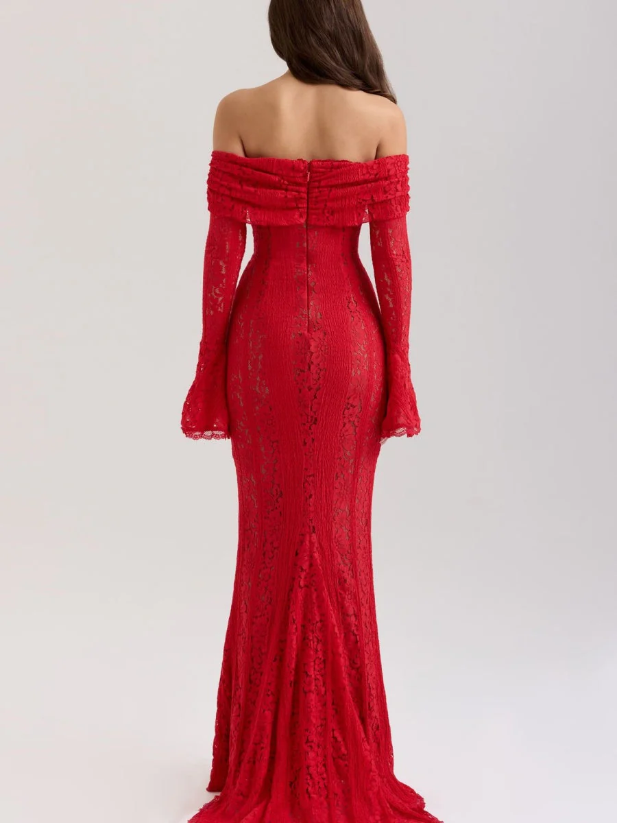 Lace Hollow Off Shoulder Flared Sleeves Hip-hugging Maxi Dresses - Image 17