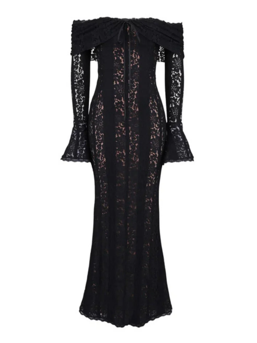 Lace Hollow Off Shoulder Flared Sleeves Hip-hugging Maxi Dresses - Image 18