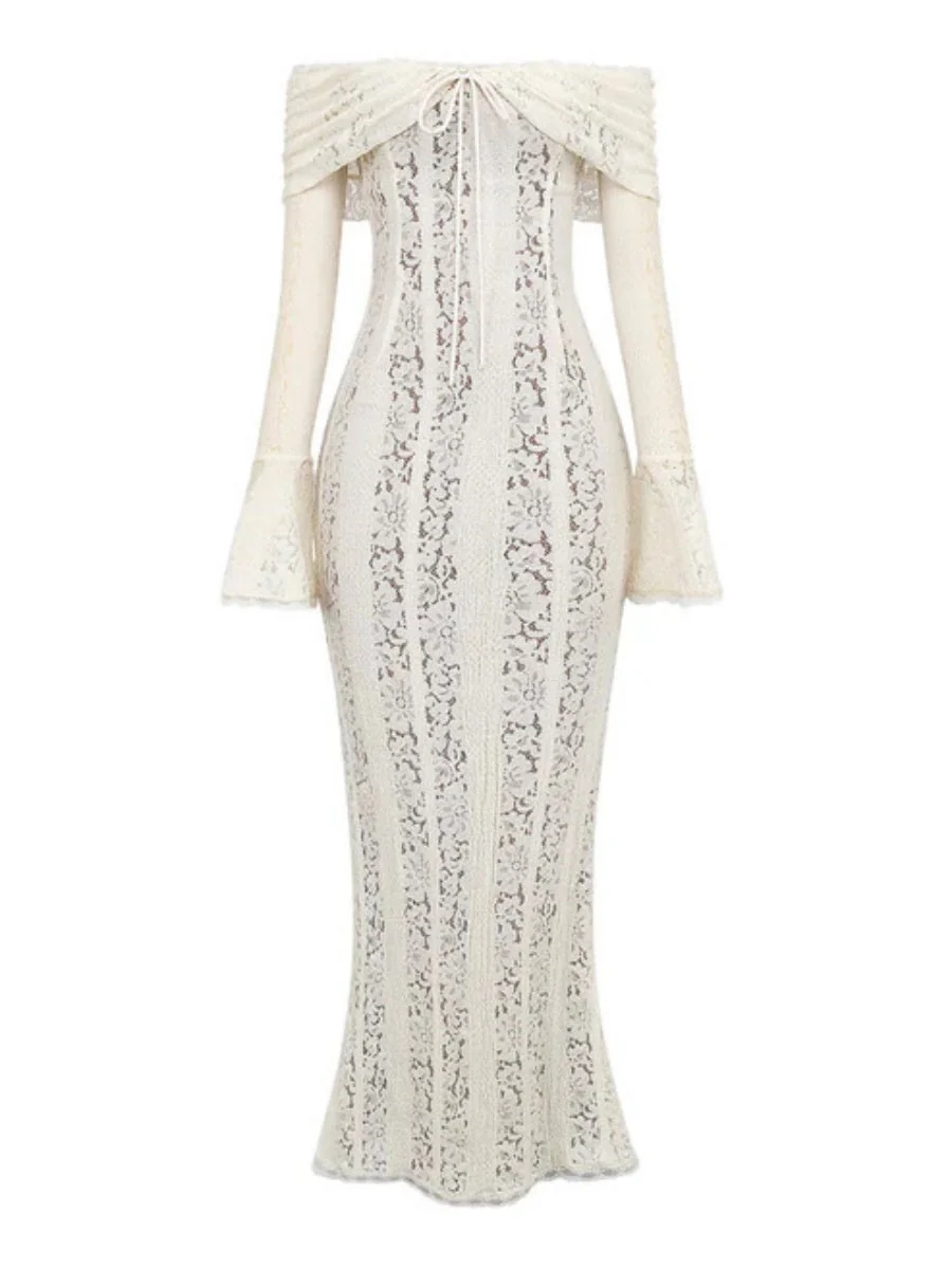 Lace Hollow Off Shoulder Flared Sleeves Hip-hugging Maxi Dresses - Image 19