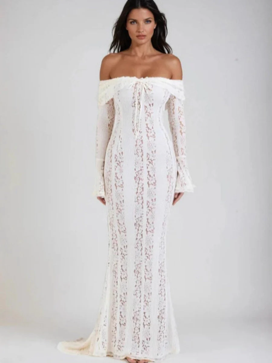 Lace Hollow Off Shoulder Flared Sleeves Hip-hugging Maxi Dresses - Image 2