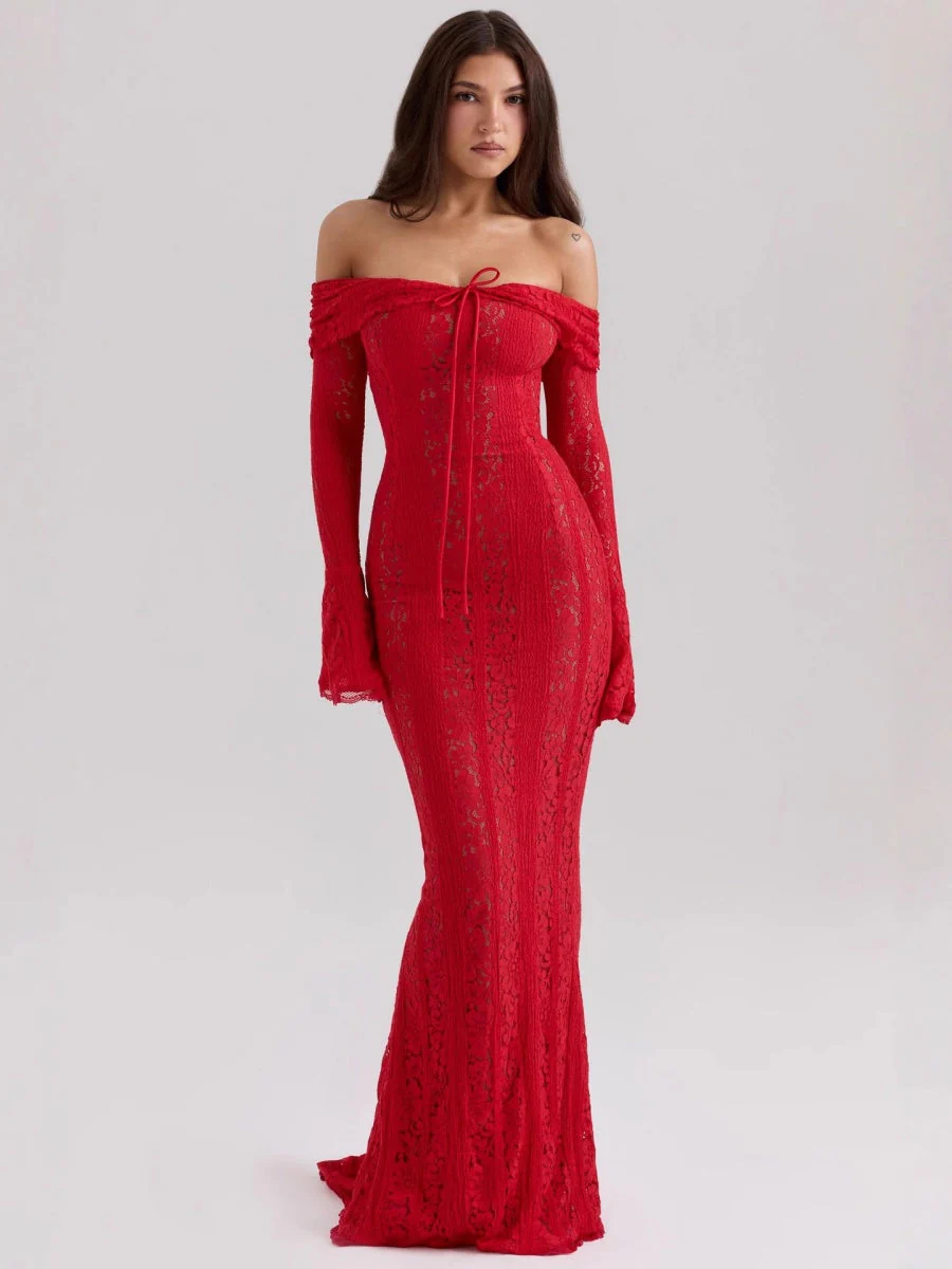 Lace Hollow Off Shoulder Flared Sleeves Hip-hugging Maxi Dresses - Image 3