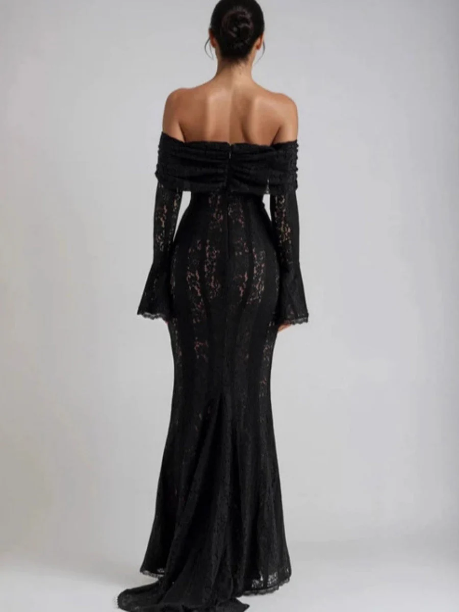 Lace Hollow Off Shoulder Flared Sleeves Hip-hugging Maxi Dresses - Image 4