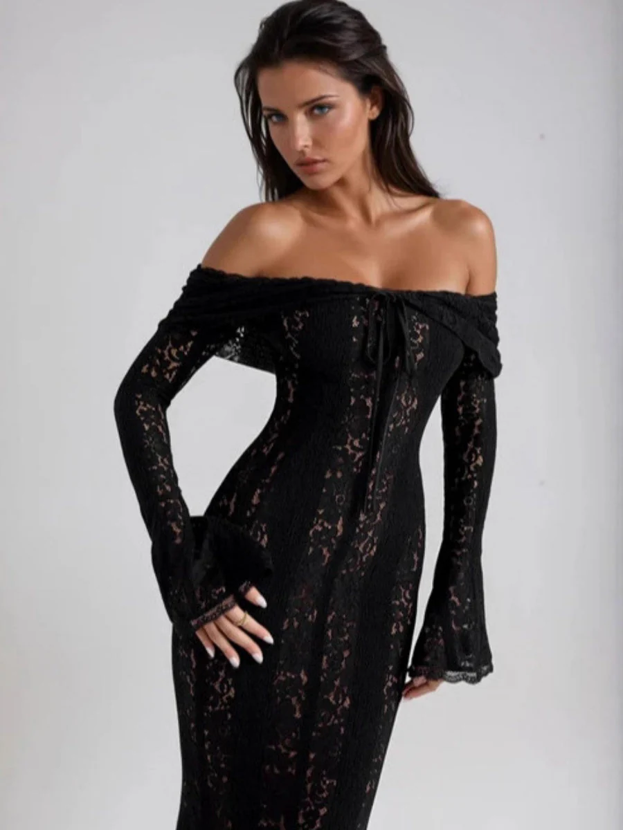 Lace Hollow Off Shoulder Flared Sleeves Hip-hugging Maxi Dresses - Image 6