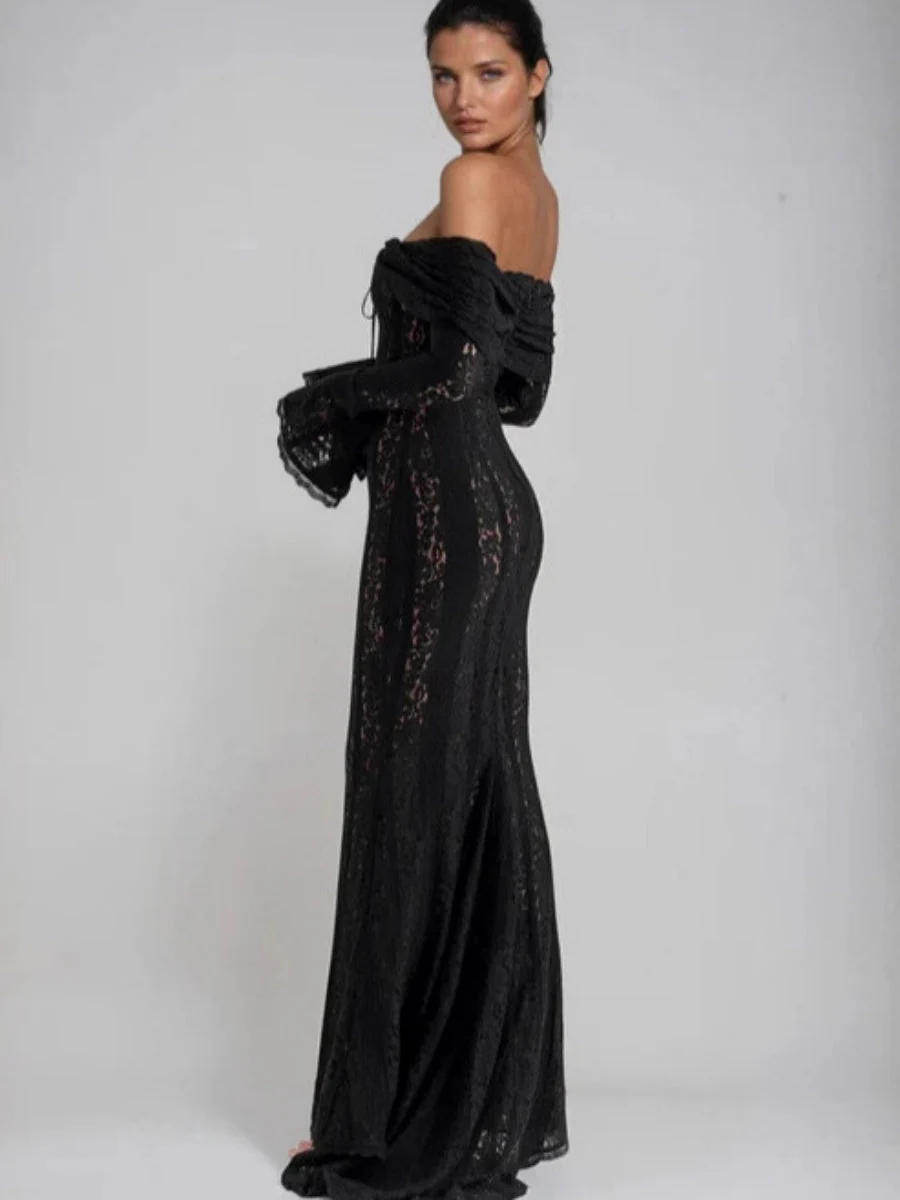 Lace Hollow Off Shoulder Flared Sleeves Hip-hugging Maxi Dresses - Image 7