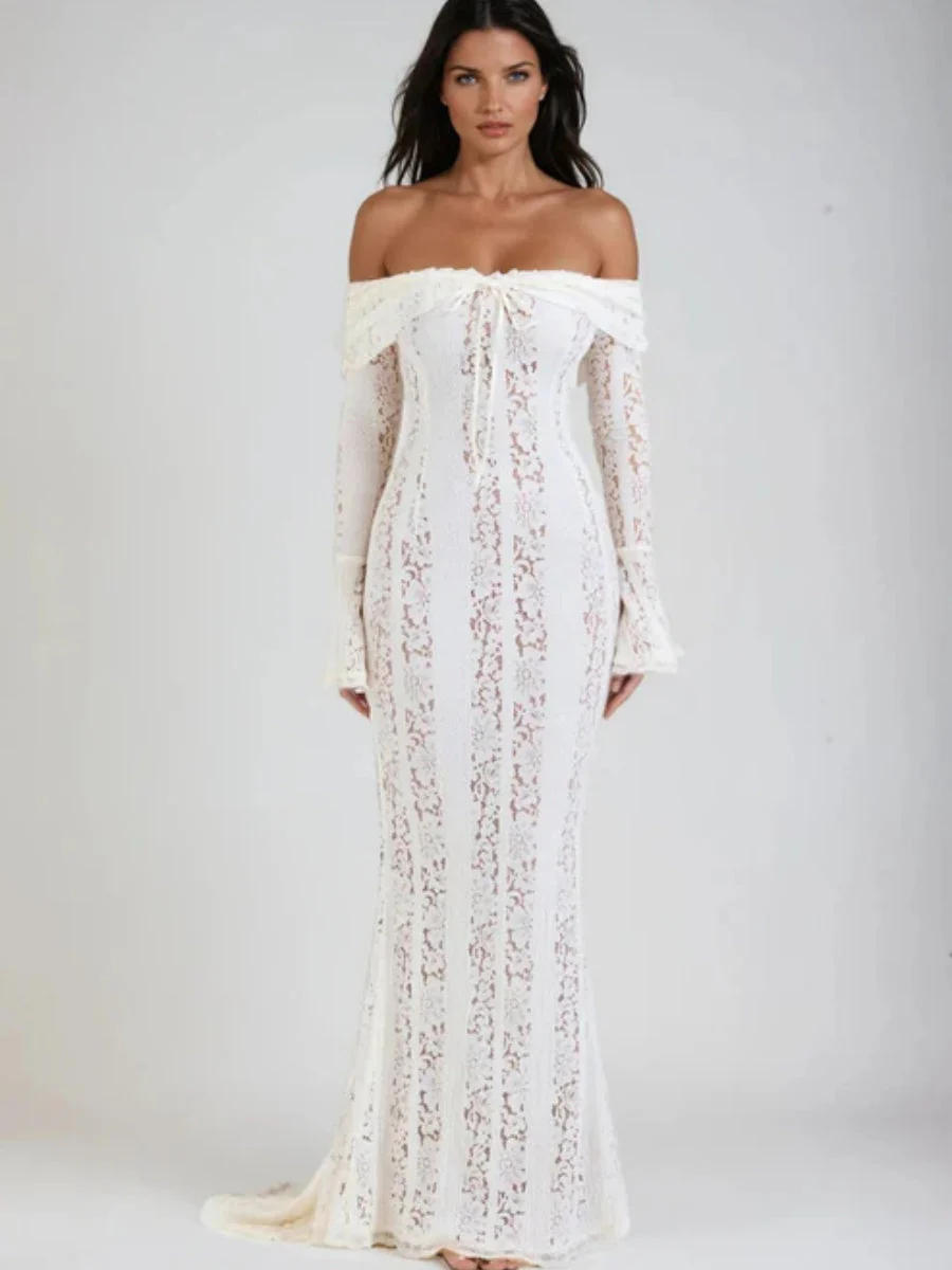 Lace Hollow Off Shoulder Flared Sleeves Hip-hugging Maxi Dresses - Image 8