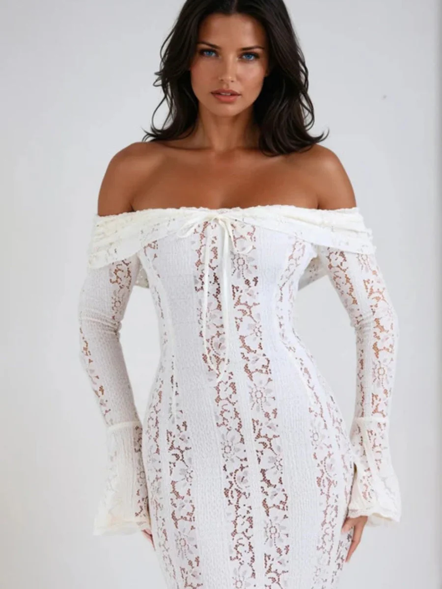 Lace Hollow Off Shoulder Flared Sleeves Hip-hugging Maxi Dresses - Image 9