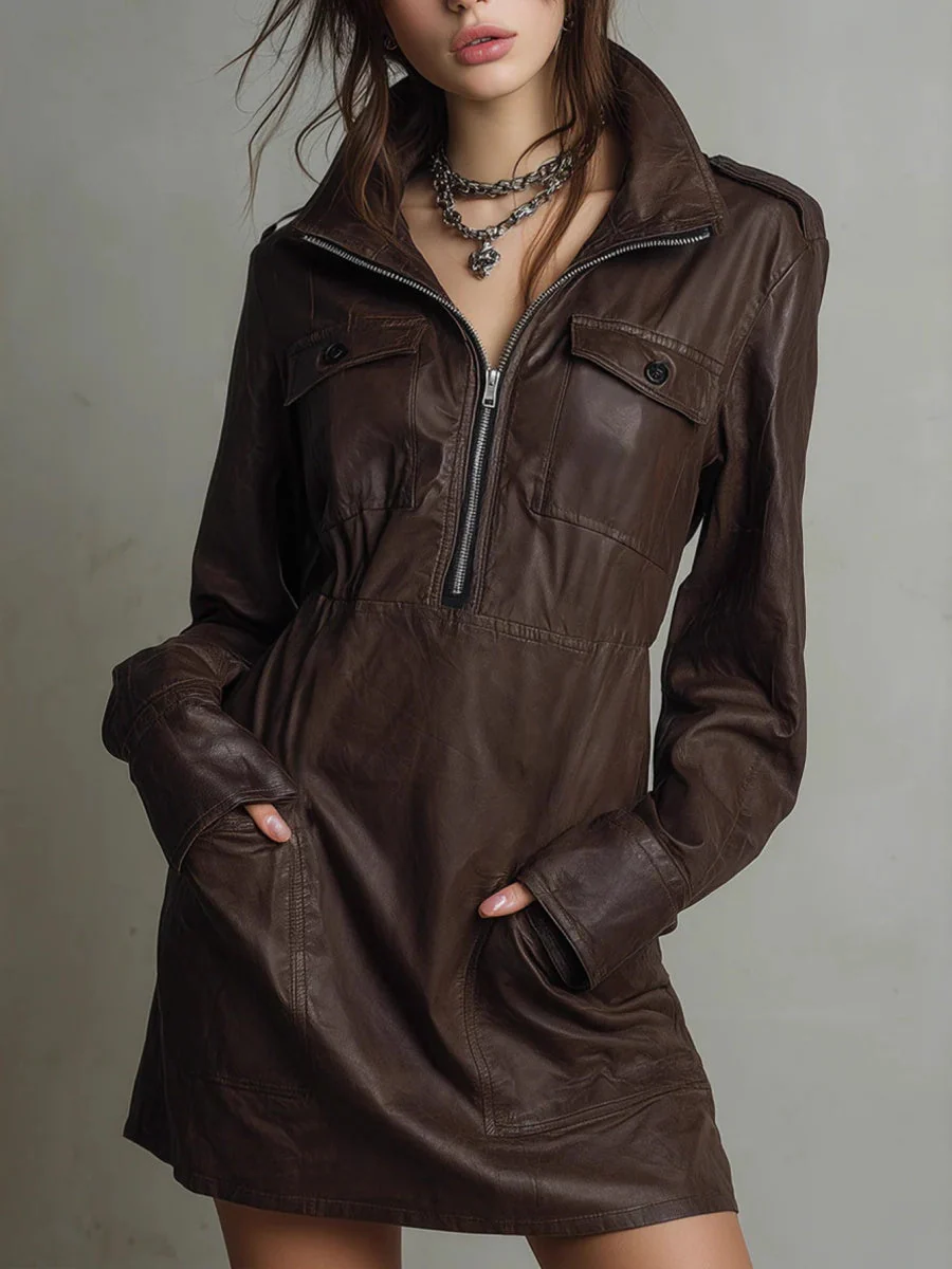 Blended Zipper Polo Collar Mini&Short Dresses